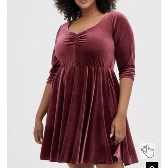 Torrid Mini Skater Dress Plus Size 4X Burgundy Velvet Pockets 3/4 Sleeve - Picture 2 of 10